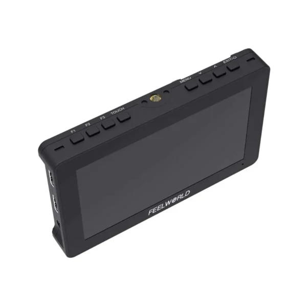 Pantalla táctil FeelWorld F5 Pro X con kit de instalación externa para accesorios traseros.