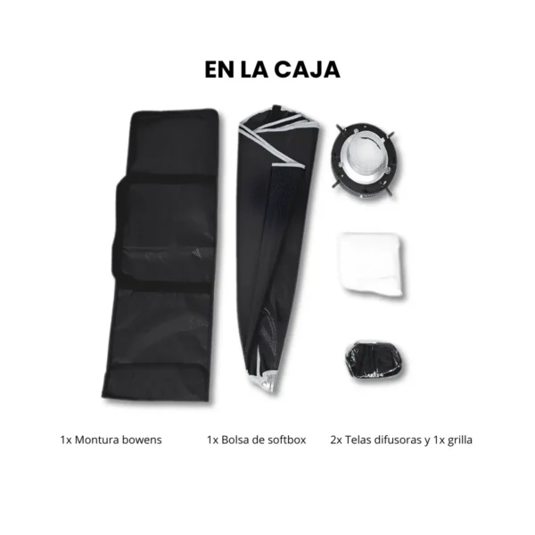 Contenido de la caja de Triopo K3 Stripbox de Montura Rápida 30×120 cm