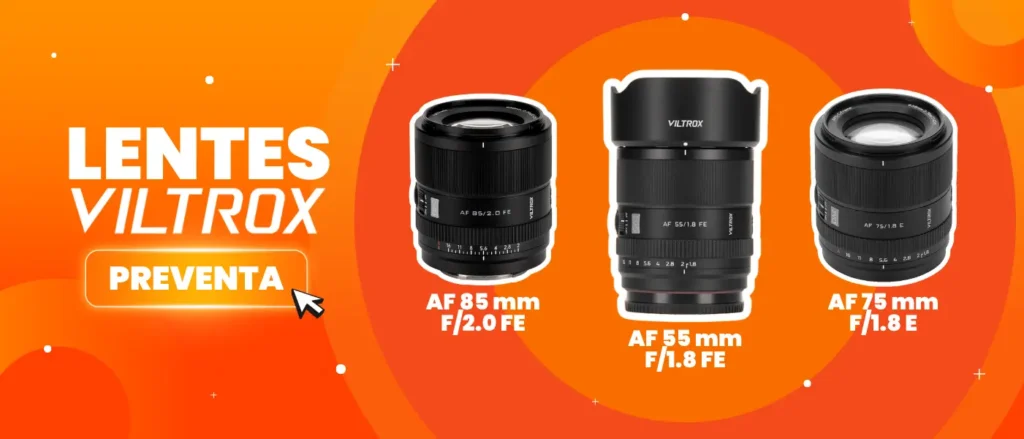 Imagen publicitaria de preventa para lentes Viltrox de montura Sony