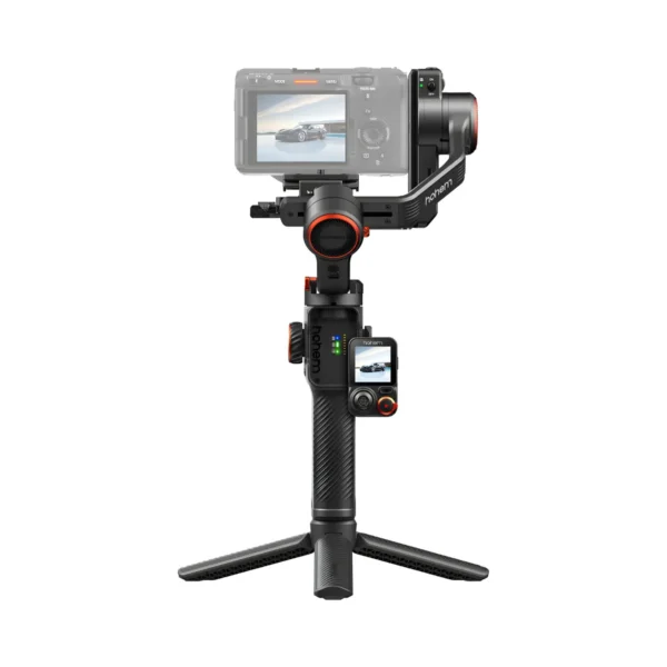 Hohem iSteady MT3 Pro en modo vertical con celular montado y luz CCT/RGB encendida
