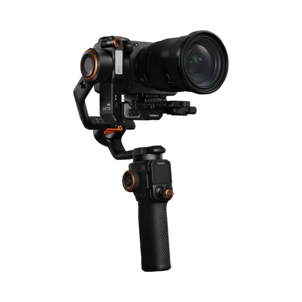 Estabilizador gimbal Hohem iSteady MT3 Pro con cámara mirrorless montada y control remoto táctil