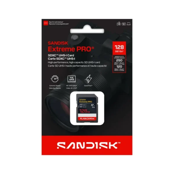 Empaque de la memoria SD SanDisk Extreme PRO de 128GB UHS-I