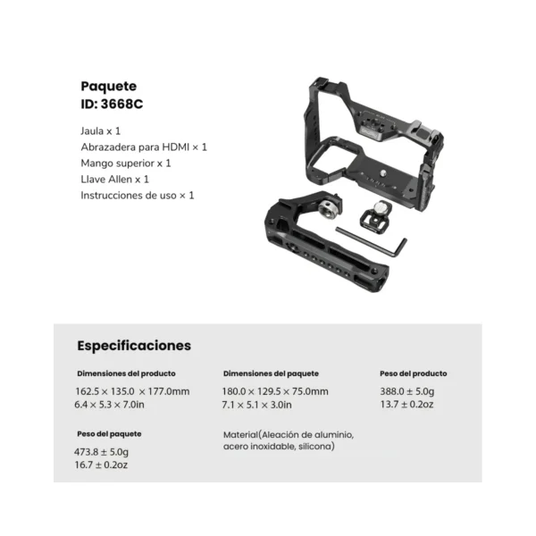 Asa superior del kit SmallRig 3668C con zapata fria para microfono o luz LED